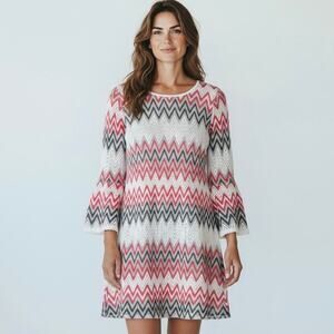 Tacera Crochet Lace Chevron Bell Sleeve Shift Dress Pink Gray Size 2X Boho